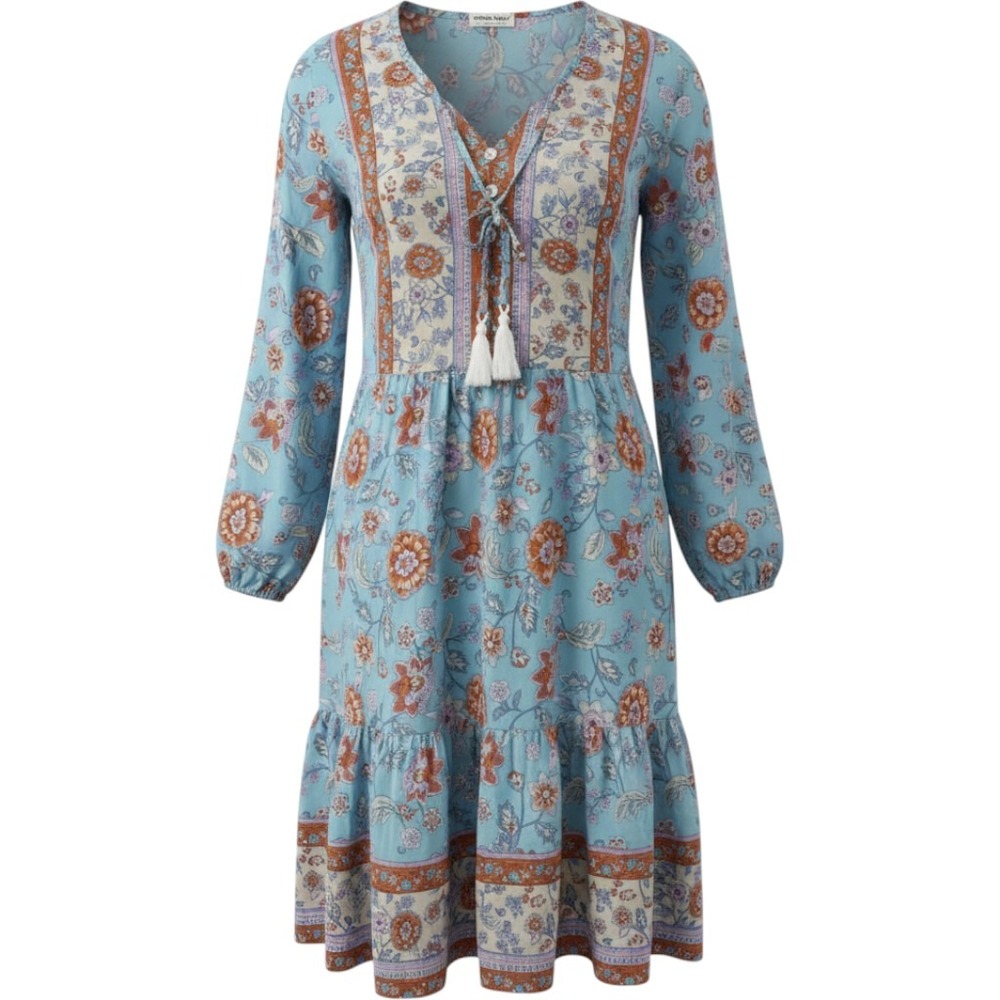 Anna-Kaci Floral Boho Mini Dress Womens Medium Blue Long Sleeve Tassel V-Neck